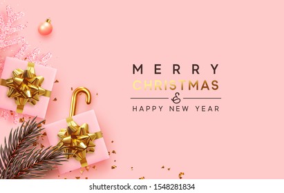 Holiday Christmas background. Xmas design with realistic festive objects, sparkling light garland, gift box, pink snowflake, glitter gold confetti, pine and fir branches. Happy New Year. flat top view