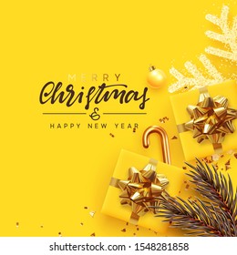  Antecedentes navideños. Diseño de Navidad con objetos festivibles realistas, brillante guirnalda, caja de regalo, copo de nieve amarillo, confeti dorado brillante, pino, ramas de abeto. Feliz Año Nuevo. vista superior plana