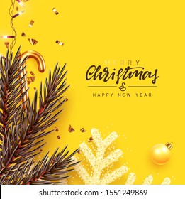 Holiday Christmas background. Xmas design with realistic festive object, sparkling light garland, yellow snowflake, glitter gold confetti, pine, fir branche, ball bauble. Happy New Year. flat top view