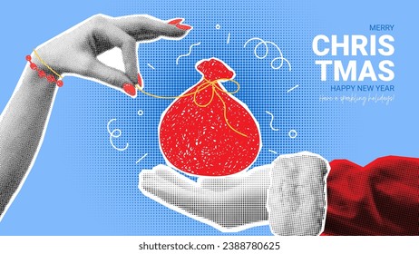 Holiday Christmas banner template. Hand of Santa Claus holds red bag with gifts, hand of woman pulls thread. Christmas or New Year collage with halftone effect for decoration. Vector illustration.