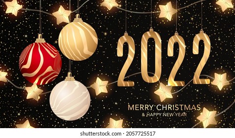 Holiday Christmas banner template. Vector design with gold, red Christmas balls (toys), golden light (gold stars) on black background. Vector Illustration for invitation, celebration New year 2022