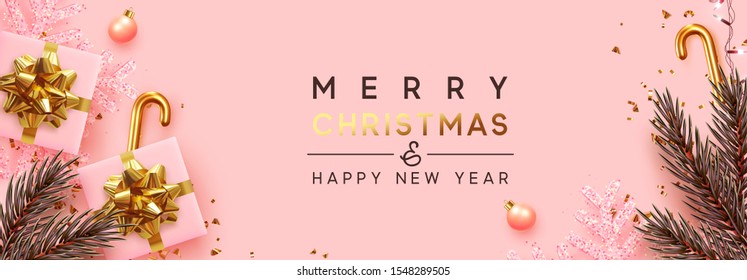 Holiday Christmas banner. Xmas design with realistic festive objects, sparkling lights garland, gift box, pink snowflake, glitter gold confetti, pine and fir branches. Header for site Happy New Year.