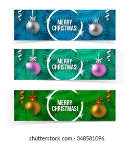 Holiday Christmas banners. Decorative balls, fir tree decorations and text. Vector template. 