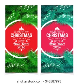 Holiday Christmas banners. Round shape and fir tree decorations. Vector template. 