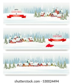 Holiday Christmas banners with villages and landscape. Vector.