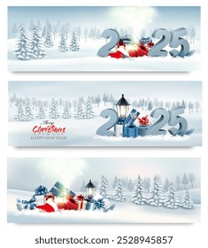 Holiday Christmas banners with winter landscare and colorful gift boxes. Vector.