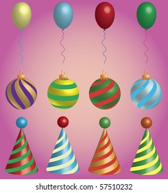 Holiday Christmas, birthday, celebration hat, globes, ornaments, balloons symbols.