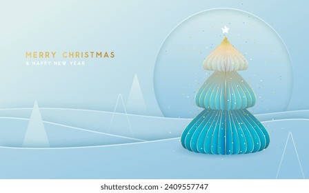 Holiday Christmas blue background with abstract landscape and Christmas tree. Paper design. Vector illustration