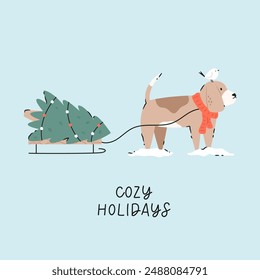 Holiday Christmas card with adorable beagle dog carrying Christmas tree on a sledge. Greeting card design, hand drawn illustration