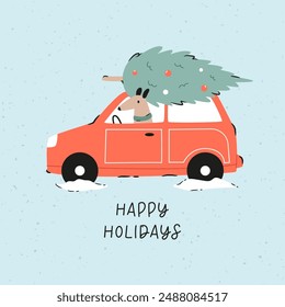 Holiday Christmas card with adorable dog, puppy riding a red car and keeping Christmas tree. Greeting card design, hand drawn illustration