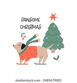 Holiday Christmas card with adorable dog and Christmas tree. Greeting card design, hand drawn illustration