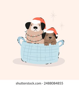 Holiday Christmas card with adorable puppies, dogs in Santa hats sitting in a basket. Greeting card design, hand drawn illustration