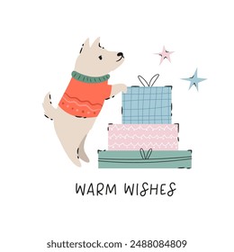 Holiday Christmas card with adorable terrier dog and wrapped gift boxes. Greeting card design, hand drawn illustration