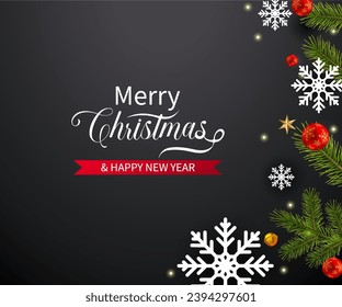 Holiday Christmas card background with festive decoration ball, stars, snowflakes, gift box, pine cones on a black background from Flat lay, top view. Space for text Merry Christmas and happy New Year