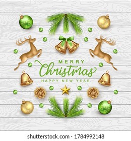 Tarjeta navideña de vacaciones. Composición navideña hecha de ramas de pino, ornamentos, figurilla dorada de ciervo y decoraciones navideñas