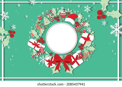 Holiday Christmas Card. Creative Vector Design of Christmas and New Year Card Template Christmas Wreath Decorations Holiday Celebration Flat Design Card with New Year and Christmas Element Decorations