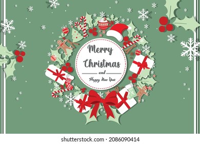 Holiday Christmas Card. Creative Vector Design of Christmas and New Year Greeting Card Christmas Wreath Decorations Holiday Celebration Flat Design Card with New Year and Christmas Element Decorations