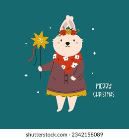 Holiday Christmas card with cute bunny rabbit in tradititional Ukraininan costume and star in the hand. Colorful print with animal character, vertep personage