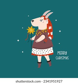 Holiday Christmas card with cute goat in tradititional Ukraininan costume and star in the hand. Colorful print with animal character