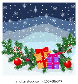 Holiday Christmas card with decorated gifts, fir branches, balls and sweets.
