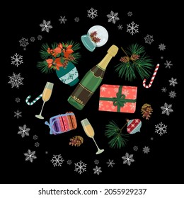 Holiday Christmas card with fir tree and festive decorations balls, stars, snowflakes, champagne, poinsettia on black background. Christmas template for banner, ticket, leaflet, card, invitation
