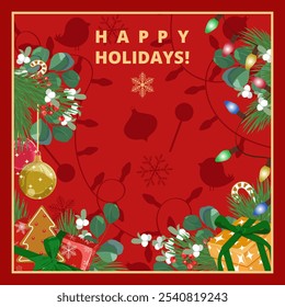 Holiday Christmas card with fir tree and festive decorations balls, gingerbread, snowflakes, gifts on red background. Christmas template for banner, ticket, leaflet, card, invitation, poster and so on