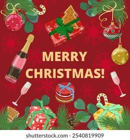 Holiday Christmas card with fir tree and festive decorations balls, gingerbread, snowflakes, champagne, gifts on red background. Christmas template for banner, ticket, leaflet, card, invitation, 