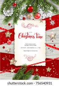 Holiday Christmas card with fir tree and festive decorations balls, stars, snowflakes on wood background. Christmas template for banner, ticket, leaflet, card, invitation, poster and so on