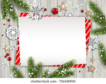 Holiday Christmas card with fir tree and festive decorations balls, stars, snowflakes on wood background. Christmas template for banner, ticket, leaflet, card, invitation, poster and so on