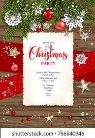 Holiday Christmas card with fir tree and festive decorations balls, stars, snowflakes on wood background. Christmas template for banner, ticket, leaflet, card, invitation, poster and so on