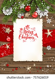 Holiday Christmas card with fir tree and festive decorations balls, stars, snowflakes on wood background. Christmas template for banner, ticket, leaflet, card, invitation, poster and so on