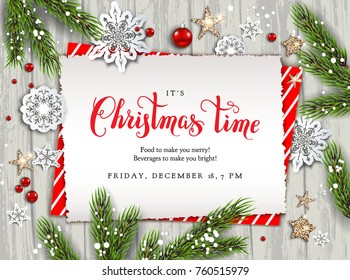 Holiday Christmas card with fir tree and festive decorations balls, stars, snowflakes on wood background. Christmas template for banner, ticket, leaflet, card, invitation, poster and so on
