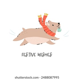 Holiday Christmas card with funny corgi dog in a knitted scarf. Greeting card design, hand drawn illustration