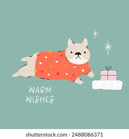 Holiday Christmas card with funny dog in a knitted sweater. Greeting card design, hand drawn illustration