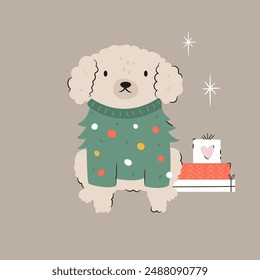 Holiday Christmas card with funny dog in a knitted sweater and gift boxes. Greeting card design, hand drawn illustration