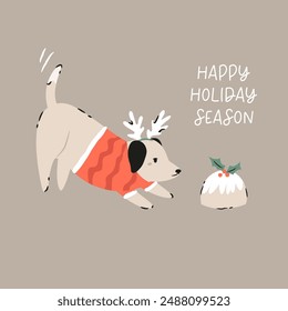 Holiday Christmas card with a funny dog in a knitted sweater and baked cake. Greeting card design, hand drawn illustration