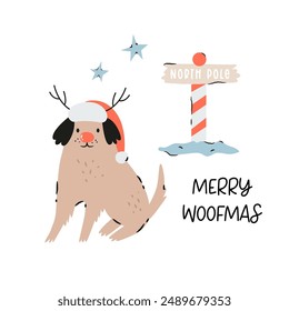 Holiday Christmas card with funny dog in a costume. Greeting card design, hand drawn illustration