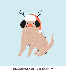 Holiday Christmas card with a funny Rudolph dog in a Santa hat and deer horns. Greeting card design, hand drawn illustration