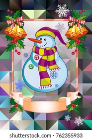Holiday christmas card with funny snowman on  a colorful mosaic background. Copy space. Can be used as a greeting ecard for social networks. Vector clip art.