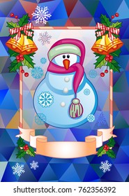 Holiday christmas card with funny snowman on  a colorful mosaic background. Copy space. Can be used as a greeting ecard for social networks. Vector clip art.