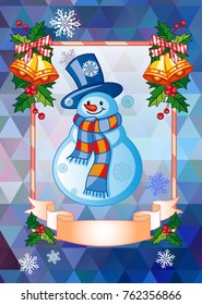 Holiday christmas card with funny snowman on  a colorful mosaic background. Copy space. Can be used as a greeting ecard for social networks. Vector clip art.