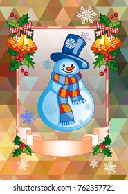 Holiday christmas card with funny snowman on  a colorful mosaic background. Copy space. Can be used as a greeting ecard for social networks. Vector clip art.