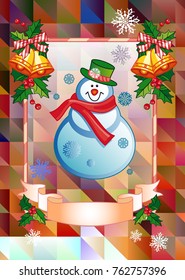 Holiday christmas card with funny snowman on  a colorful mosaic background. Copy space. Can be used as a greeting ecard for social networks. Vector clip art.