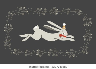 Holiday and Christmas card with hare in the hat. Vector illustration