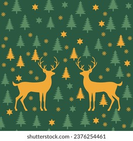 Holiday Christmas card o pattern with reindeer silhouette and fir trees