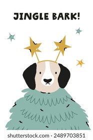 Holiday Christmas card with portrait of adorable dog. Greeting card design, hand drawn illustration