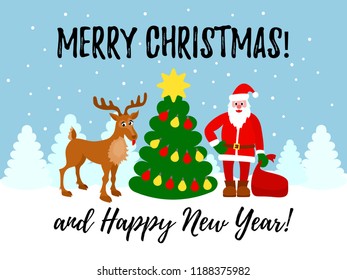 Holiday Christmas card with Santa Claus and reindeer standing near fir tree and gifts