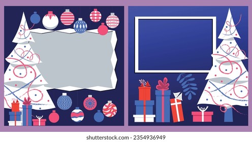 Holiday Christmas card set. Christmas tree, balls, presents gift  frame for greeting, invitation, card, template, background, poster, holiday covers, banner . Merry Christmas and Happy New Year