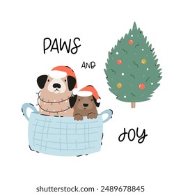 Holiday Christmas card with two adorable dogs in a basket and Christmas tree. Greeting card design, hand drawn illustration
