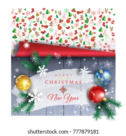 Holiday Christmas card winter fir tree and festive decorations balls, stars, snowflakes on wood background. Christmas vector template for banner, ticket, leaflet, gift card, invitation, poster, coupon